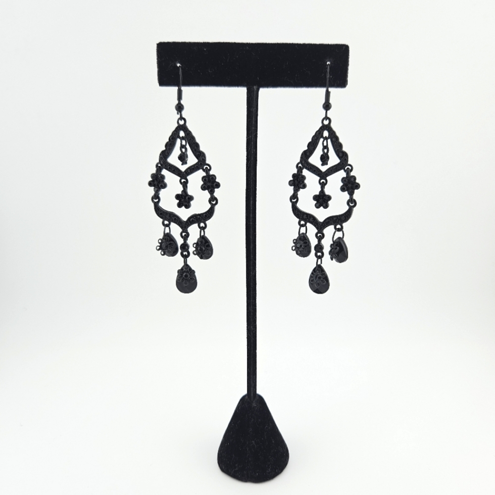 Chandelier jet black rhinestone earrings